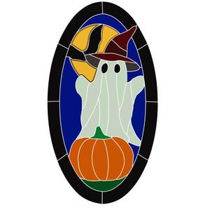 May include: An oval stained glass suncatcher featuring a white ghost wearing a maroon witch hat, positioned above an orange pumpkin. The background displays a yellow full moon against a deep blue night sky, all framed by a thick black border.