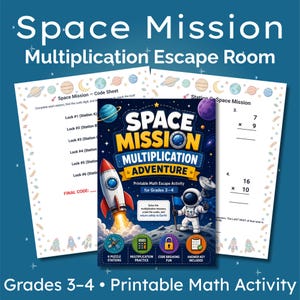 Può includere: Attività di matematica stampabile "Space Mission Multiplication Adventure" per le classi 3-4. La copertina presenta un razzo, un astronauta e pianeti. Include esercizi di moltiplicazione, divertimento con la decifrazione di codici e una chiave di risposta.
