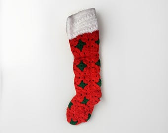 Oma Quadrat Weihnachtsstrumpf Rot Und Grün Hand Gehäkelte Lange Vintage