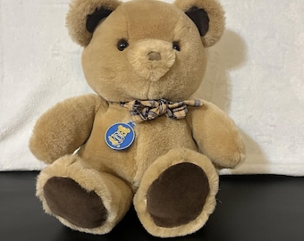 Dakin Teddy Bear Velvet Nose Plush Stuffed Animal Brown Plaid Bow Korea 1985 Vtg