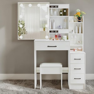 White Vanity Table Set LED Mirror Dressing Table with Stool 4 Drawers Makeup Desk Bedroom Furniture
