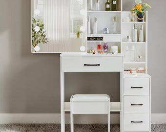 Tocador blanco con espejo LED, taburete y 4 cajones. Muebles de dormitorio.