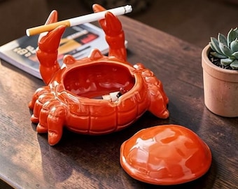 Crab Ceramic Ashtray with Lid Unique Crab Decor Ash Holder Cute Desk Ornament Tea Pet Home Office Gift