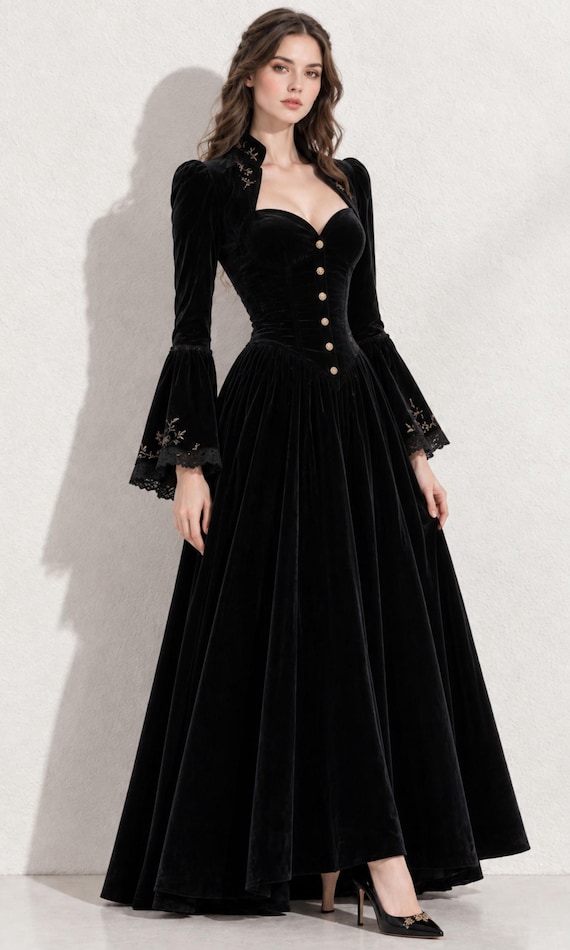 Black Velvet Gothic Maxi Dress, Victorian Corset Bodice, Lace Embroidery (Floor Length)