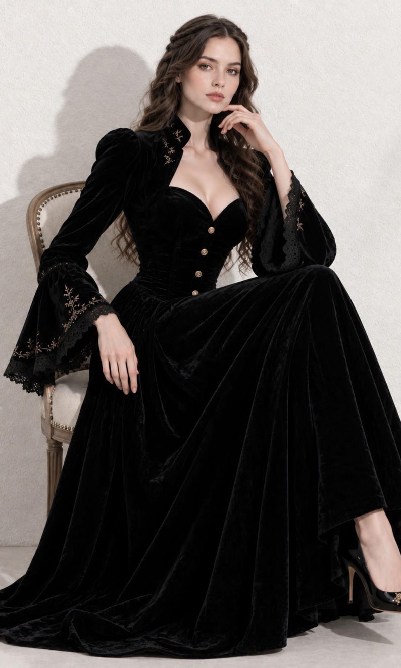 May include: A floor-length black velvet dress featuring a sweetheart neckline, a high collar, and long flared sleeves with intricate gold embroidery and black lace trim. The bodice is fitted with a row of small gold buttons down the center front.