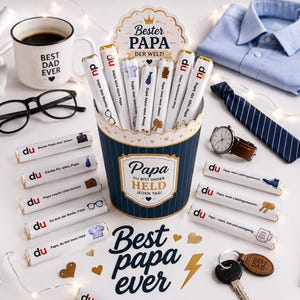 May include: A Father's Day gift set with a coffee mug, glasses, watch, tie, shirt, and chocolate bars. The mug says "Best Dad Ever." The chocolate bars have various messages and images.