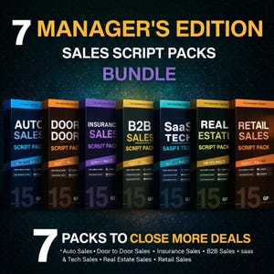 Könnte beinhalten: Werbebild für ein Sales-Script-Bundle. Das Bild zeigt sieben farbige Boxen mit verschiedenen Verkaufsbezeichnungen, darunter Auto Sales, Door to Door Sales und Real Estate Sales. Der Text lautet "7 Manager's Edition Sales Script Packs Bundle".