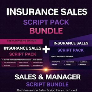 May include: A graphic promoting an insurance sales script pack bundle. The image features the text "INSURANCE SALES SCRIPT PACK BUNDLE" in white and pink. It includes two script packs, one for managers and team leaders, and one with 10 battle-tested scripts.