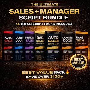 Könnte beinhalten: Werbebild für ein Sales- und Manager-Skript-Bundle. Der Text lautet "The Ultimate Sales + Manager Script Bundle" mit 14 Skriptpaketen. Das Bild zeigt mehrere Produktboxen mit Titeln wie "Auto Sales" und "Door to Door".