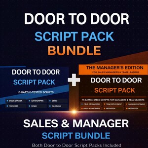 May include: A promotional graphic for a "Door to Door Script Pack Bundle." The text is in white, blue, and orange, with the words "Door to Door" and "Script Pack" prominently displayed. The bundle includes two script packs for sales and management.