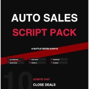 Puede incluir: Un gráfico en negro y rojo que anuncia un "PAQUETE DE GUIONES DE VENTAS DE AUTOMÓVILES". La imagen destaca 10 guiones probados para cerrar tratos. Incluye guiones para la bienvenida, la prueba de manejo, la financiación y el cierre.