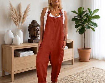 Mono de lino color óxido para mujer, mono informal holgado, mono de corte relajado con bolsillos.
