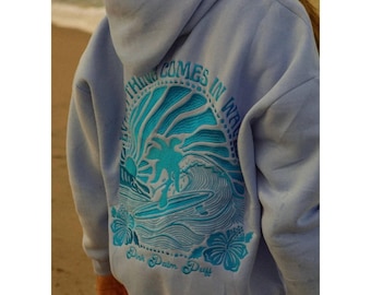 Sudadera con capucha bordada Pink Palm Puff, Sudadera Everything Comes in Waves