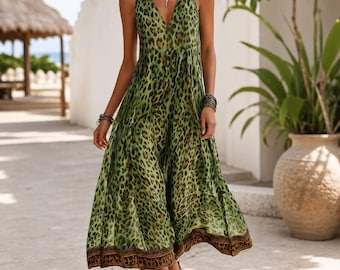 Damen Leopard Print Maxikleid, ärmelloses fließendes Sommerkleid, lässiger Urlaubsanzug