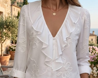 Ruffle Blouse for Women, Lightweight Summer Top, Embroidered Sheer Shirt