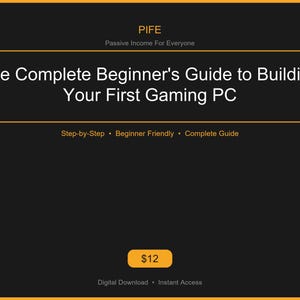 Puede incluir: Una guía digital con un diseño negro y dorado. El título dice "La guía completa para principiantes para construir tu primera PC para juegos". El texto adicional incluye "Paso a paso, amigable para principiantes, guía completa".