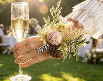 Dusty Pink & White Dried Flower Wrist Corsage and Boutonniere Set, Boho Wedding Floral Accessories