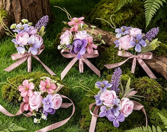 Conjunto de boutonniere de boda con temática de bosque, ramillete nupcial hecho a mano, prendedor para el novio, flores rústicas para bodas en el bosque, conjunto de broches florales para damas de honor