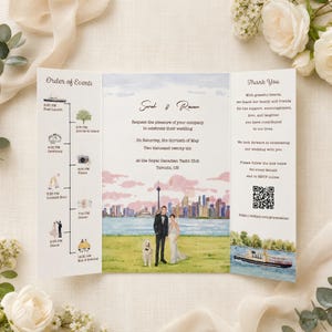 May include: A tri-fold wedding invitation card featuring a watercolour illustration of a couple and a dog in front of a city skyline. The left panel lists an order of events with icons, the centre panel provides wedding details, and the right panel includes a thank you note and a QR code.