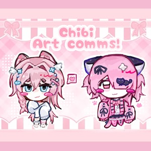 Peut inclure: Une illustration numérique montrant deux personnages de style chibi aux cheveux roses sur un fond à carreaux rose clair. Le texte "Chibi Art comms!" est affiché en haut. Les deux personnages ont des traits félins et des vêtements roses.