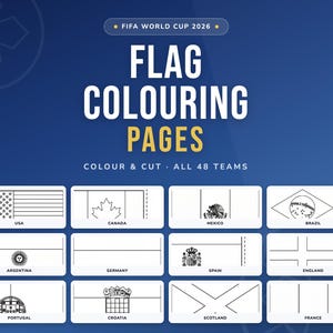 May include: A blue graphic with the text "FIFA WORLD CUP 2026" and "FLAG COLOURING PAGES". Below are black and white outlines of flags from various countries, including the USA, Canada, and Mexico. The text "COLOUR & CUT - ALL 48 TEAMS" is also present.