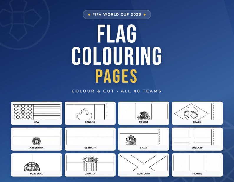 May include: A blue graphic with the text "FIFA WORLD CUP 2026" and "FLAG COLOURING PAGES". Below are black and white outlines of flags from various countries, including the USA, Canada, and Mexico. The text "COLOUR & CUT - ALL 48 TEAMS" is also present.