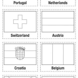 Könnte beinhalten: Schwarz-Weiß-Strichzeichnungen von Flaggen für die FIFA Fussball-Weltmeisterschaft 2026. Zu den Flaggen gehören Portugal, Niederlande, Schweiz, Österreich, Kroatien, Belgien, Schottland und Türkei. Der Text oben lautet "FIFA Fussball-Weltmeisterschaft 2026 - Colour & Cut - Seite 3 von 6."
