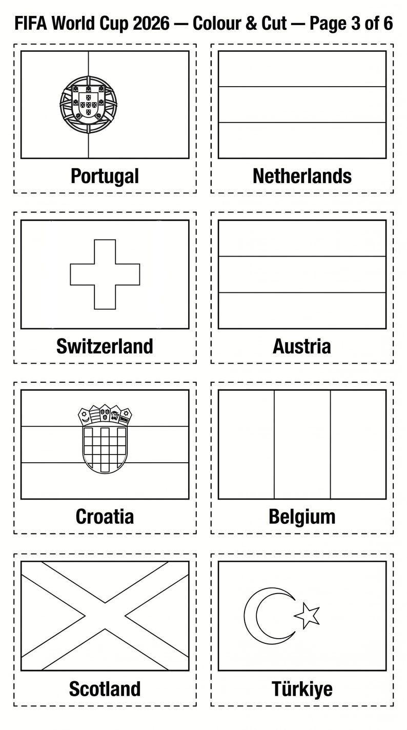 May include: Black and white line drawings of flags for the FIFA World Cup 2026. Flags include Portugal, Netherlands, Switzerland, Austria, Croatia, Belgium, Scotland, and T&uuml;rkiye. Text at the top reads "FIFA World Cup 2026 - Colour & Cut - Page 3 of 6."