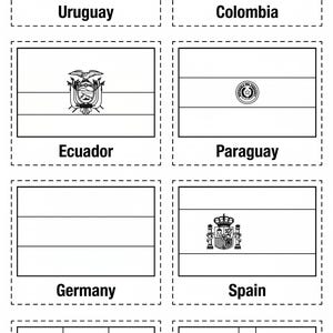 May include: Black and white line drawings of flags for the FIFA World Cup 2026. Flags include Uruguay, Colombia, Ecuador, Paraguay, Germany, Spain, France, and England. Text at the top reads "FIFA World Cup 2026 - Colour & Cut - Page 2 of 6."