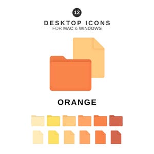 May include: An illustration of desktop icons for Mac & Windows. The image features an orange folder icon and a light orange document icon. Below, the word "ORANGE" is written in black. A series of color variations of the folder and document icons are displayed below.