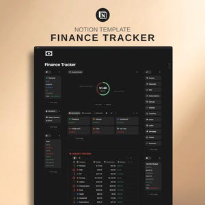 Puede incluir: Una plantilla de Notion de tema oscuro para el seguimiento de finanzas. La interfaz muestra un rastreador de finanzas con secciones para finanzas personales, cuentas, presupuesto y presupuesto mensual. El texto "Finance Tracker" se muestra de forma destacada, junto con el logotipo de Notion.