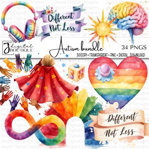 Könnte beinhalten: Aquarell-Digital-Art-Bundle mit dem Text "Autism bundle" und "Different Not Less". Das Bild enthält ein regenbogenfarbenes Unendlichkeitssymbol, ein Gehirn, ein Herz und eine Person, die einen roten Umhang mit Sternen trägt.