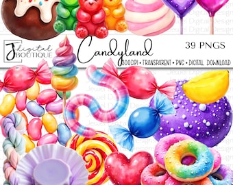 May include: A collection of colorful, watercolor-style candies and sweets, including gummy bears, lollipops, donuts, and heart-shaped pops. The image includes the text "Candyland" and "39 PNGS".