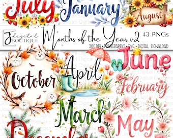 May include: A digital collection of 43 PNG files titled Months of the Year v2, featuring watercolor illustrations of each month. The designs include seasonal elements like sunflowers, pumpkins, snowmen, flowers, and rain boots with text.