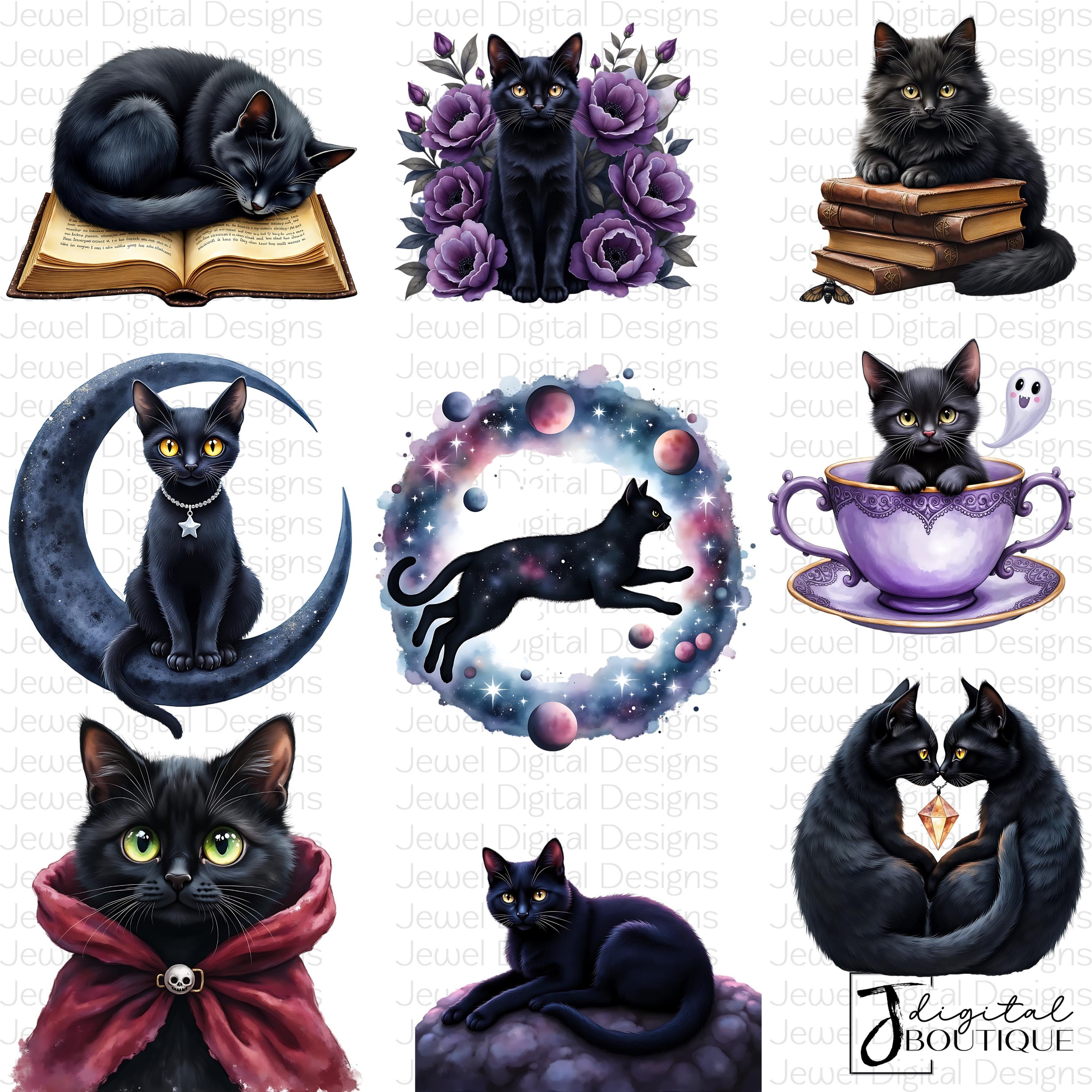 Black Cat Clipart Bundle PNG | Watercolor Clipart Set | Commercial Use ...