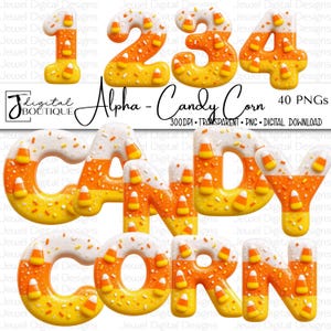 May include: A digital collection of numbers and letters featuring a candy corn pattern with white, orange, and yellow sections, accented with small sprinkles. The text reads Jewel Digital Designs Alpha - Candy Corn 40 PNGs 300DPI Transparent PNG Digital Download.