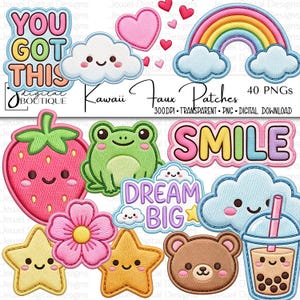 May include: A collection of kawaii-style faux patches in various shapes and colors. Includes a rainbow, clouds, stars, a strawberry, a frog, a bear, and a bubble tea. Text includes "YOU GOT THIS", "SMILE", and "DREAM BIG".