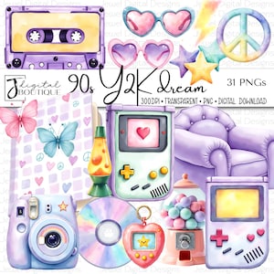 May include: A digital collection of 90s and Y2K themed illustrations including a purple cassette tape, heart-shaped sunglasses, a peace sign, a butterfly, a handheld game console, a lava lamp, a purple armchair, a camera, a CD, and a gumball machine.