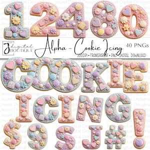 May include: A collection of digital graphic assets featuring numbers, letters, and symbols decorated with pastel-colored icing, including hearts, flowers, and swirls. The text reads J Digital Boutique Alpha - Cookie Icing 40 PNGs 300DPI Transparent PNG Digital Download.