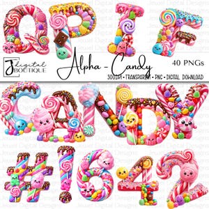 May include: A digital collection of alphabet letters and numbers rendered as candy-themed graphics. Each character is decorated with colorful lollipops, chocolate drizzles, gummy candies, and cotton candy textures, featuring small smiling faces.
