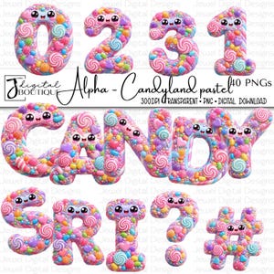 May include: A digital collection of pastel-coloured numbers, letters, and symbols decorated with various candy shapes, including lollipops, gumdrops, and sprinkles. Each character features a smiling face with large eyes and a small mouth.