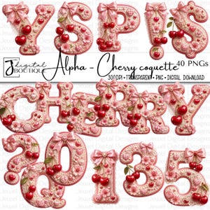 May include: A digital alphabet set featuring letters and numbers decorated with pink bows, cherry illustrations, and small floral patterns. The characters are rendered in a soft pink colour palette with pearl-like accents and include the text Jewel Digital Designs Alpha - Cherry coquette 40 PNGs 300DPI Transparent PNG Digital Download.