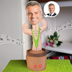 May include: A novelty plush cactus toy featuring a smiling man's face, wearing a green swimsuit. The toy is in a brown pot with two red buttons. Musical notes float around the toy. A speech bubble shows a smaller image of the man.