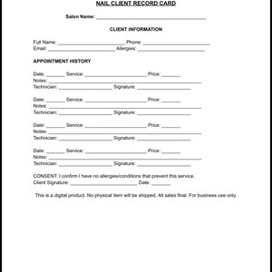 May include: A white digital nail client record card with fields for client information, appointment history, and consent. The card includes sections for salon name, full name, email, phone, and allergies.