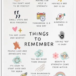 May include: A white poster with colorful illustrations and text. The text includes phrases like "You don't have to be perfect," "Kindness is free," and "Making mistakes is part of life." The poster is designed with a motivational theme.