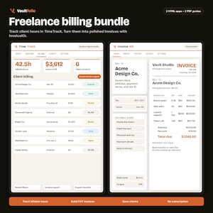 Pode incluir: Uma interface digital para um pacote de faturamento freelance, com Time Track e Invoice Kit. A interface exibe informações de faturamento do cliente, detalhes da fatura e opções para rastrear horas, criar faturas e salvar clientes. O texto "Freelance billing bundle" está no topo.