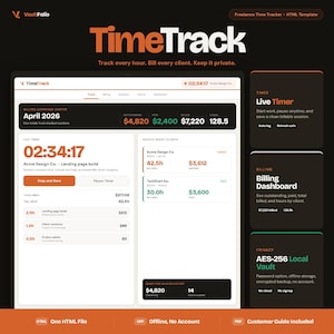Könnte beinhalten: Eine digitale Oberfläche für einen Freelance-Zeiterfasser mit dem Titel "TimeTrack". Das Design weist ein dunkles Thema mit orangefarbenen und weißen Akzenten auf. Die Oberfläche zeigt Rechnungsinformationen, einen Live-Timer und Kundendetails an. Der Text "Track every hour. Bill every client. Keep it private." ist ebenfalls sichtbar.