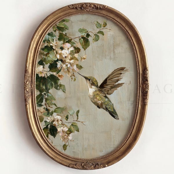 Quadro rustico con colibrì e fiori pastello - Decorazione murale neutra in stile cottagecore, arredamento botanico vintage, download immediato stampabile 116
