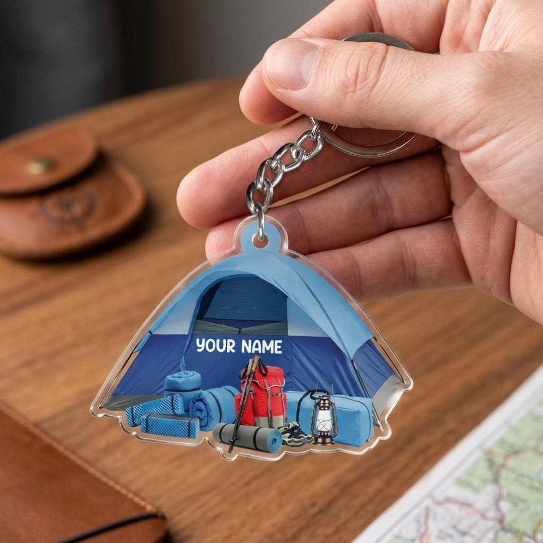 Custom Camping Tent Keychain | Personalized Hiker Acrylic Keyring Cute ...