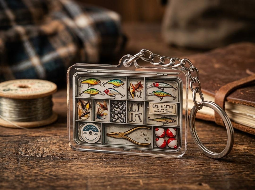 Vintage Fishing Tackle Box Keychain | Retro Cast & Catch Acrylic ...
